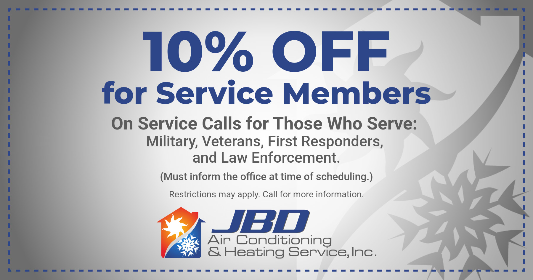 JBD Air Conditioning & Heating discount for service members, 10% off on service calls for military veterans, first responders, and law enforcement.
